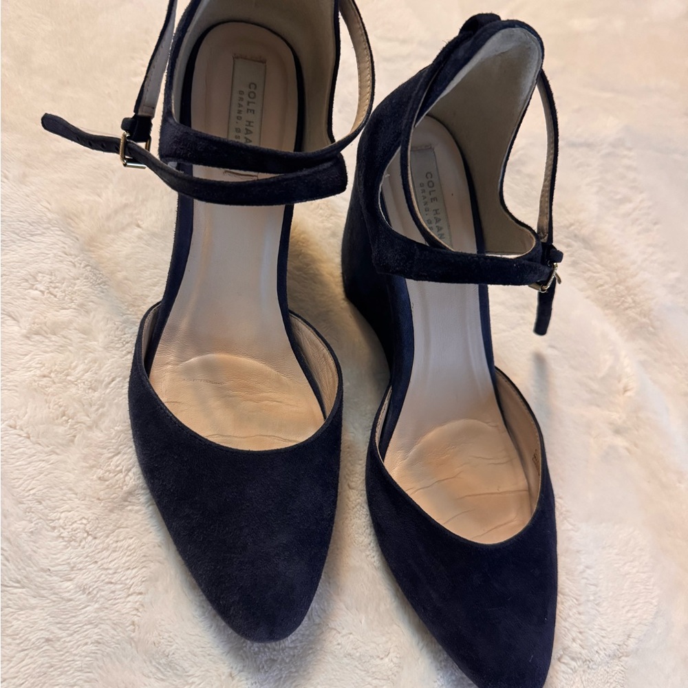 Cole Haan Blue Wedge Shoes with Crisscross Straps - Picture 2 of 5